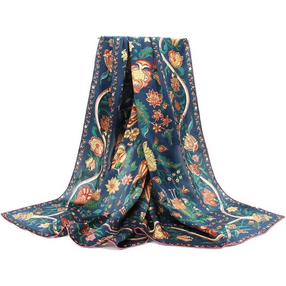 Flower Navy  "43" Large Square Silk scarf & Shawl For Women's - Picture 1 of 7